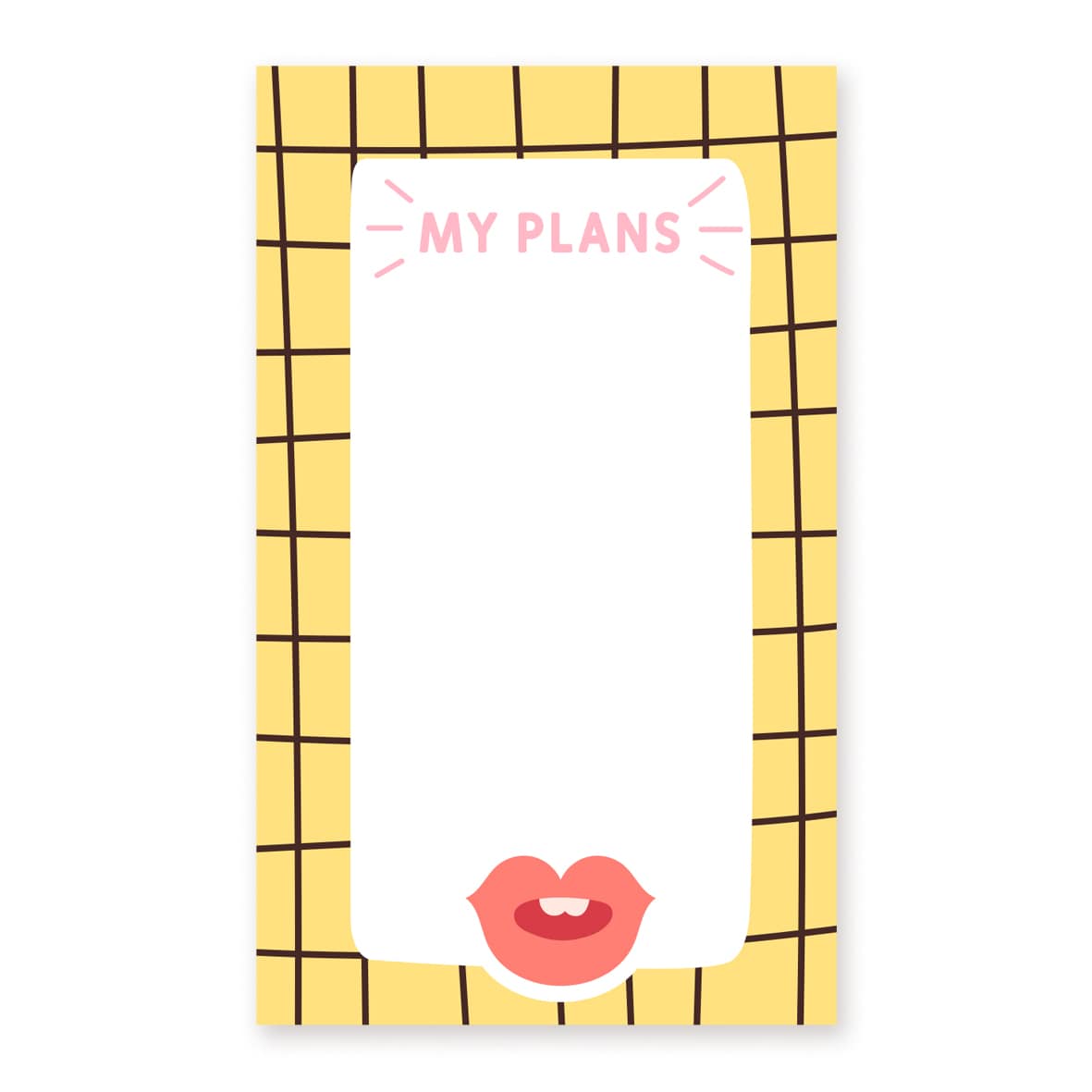 Gelb-schwarzer Karo-Notizblock mit 'My Plans'-Schriftzug und rosa Lippen-Illustration