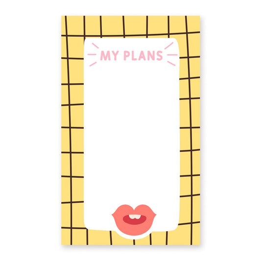 Gelb-schwarzer Karo-Notizblock mit 'My Plans'-Schriftzug und rosa Lippen-Illustration