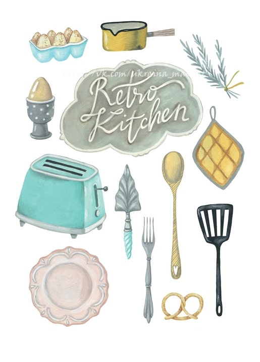 Postkarte „Retro Kitchen“ mit türkisfarbenem Toaster, Eierbecher und Vintage-Besteck