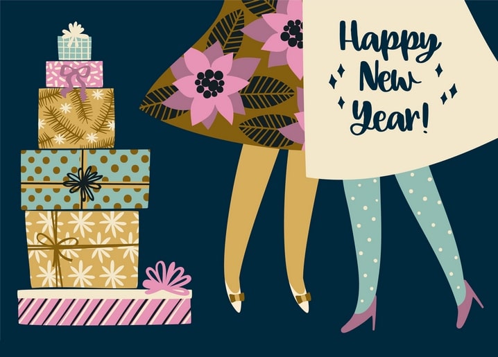 Illustration of two women's legs in heels beside a stack of gifts and a Happy New Year greeting