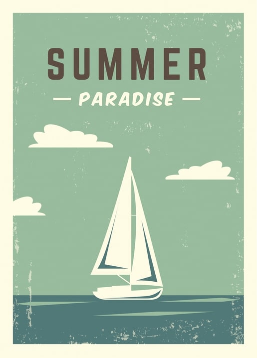 Retro sailboat between clouds under the words “Summer Paradise” on a sage-green postcard