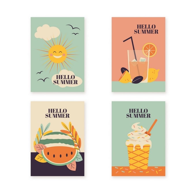 Retro-style mini postcards: sun over the sea, iced drink, watermelon and ice cream