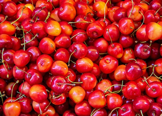 Nahaufnahme eines Haufens glänzender reifer Kirschen in Rot- und Goldtönen