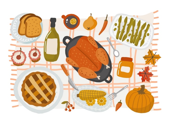 Illustrated flat lay of an autumn feast with roast turkey, pumpkin, corn and apple pie on a checkered cloth