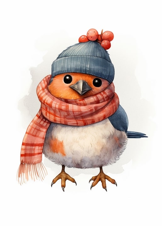 Aquarell-Illustration eines Rotkehlchens mit Karoschal und blauer Stechpalmen-Mütze