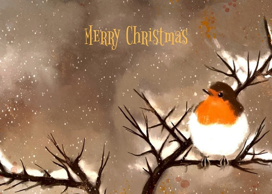 European robin on a snowy branch with a painted Merry Christmas greeting