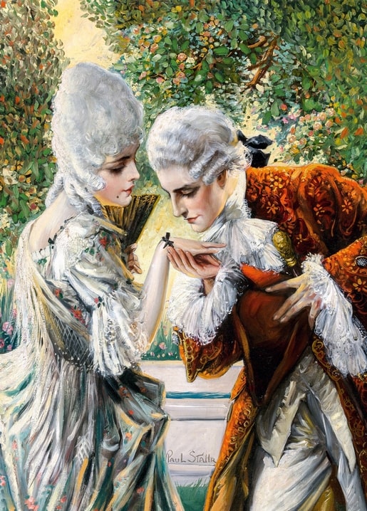 Rococo-style illustration of a courting couple in a garden, signed Paul L. Stahl