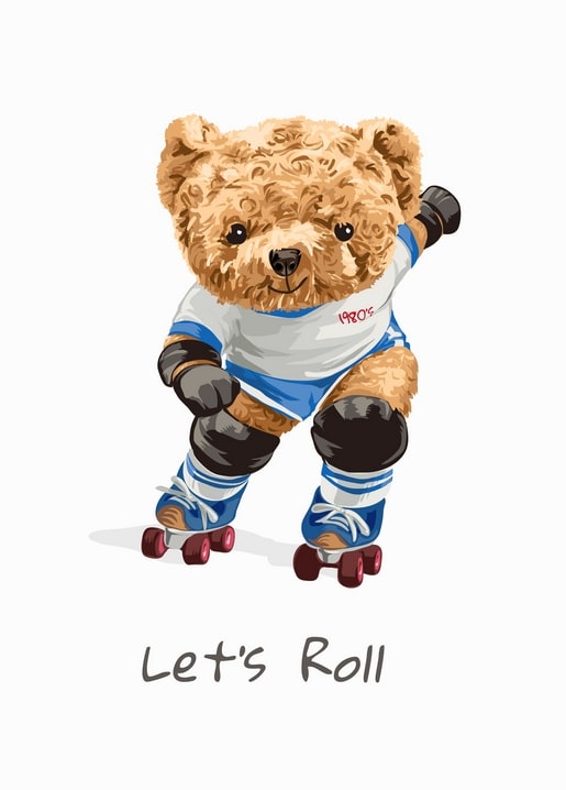 Illustrierter Teddybär auf Rollschuhen im gestreiften Trikot mit Knieschonern
