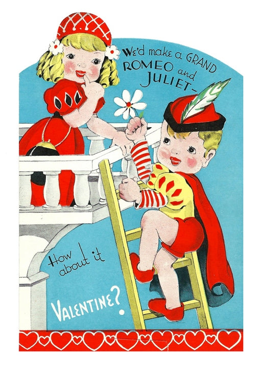 Boy dressed as a prince climbs a ladder to a girl on a balcony, vintage Romeo and Juliet valentine
