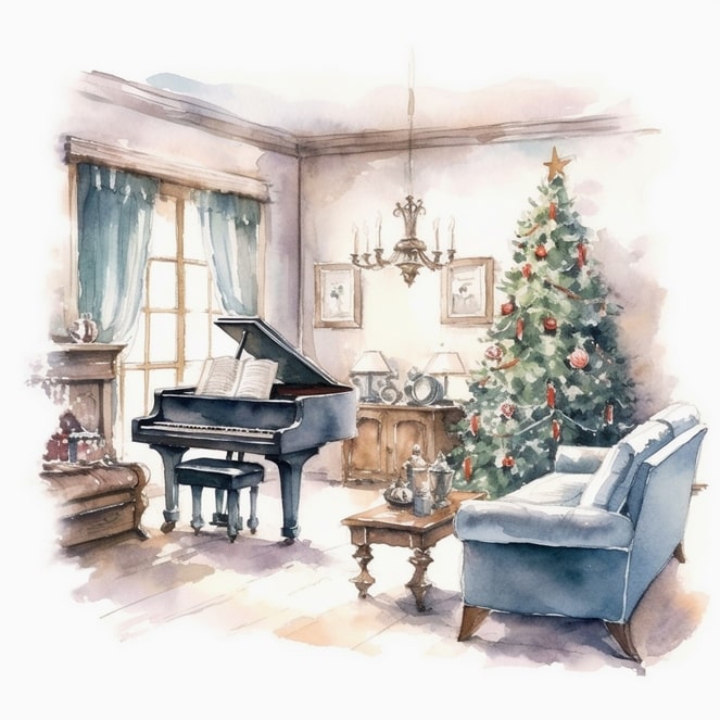 christmas room watercolor postcards