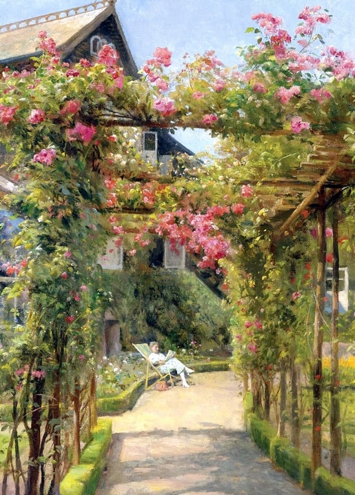 Pink and red climbing roses over a wooden pergola in a Danish garden, painting by Peder Mønsted
