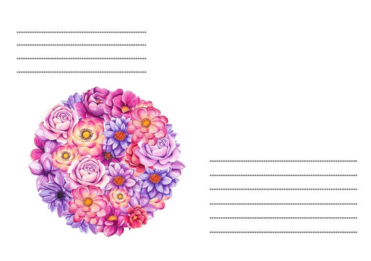 Runder Strauß aus rosa und violetten Rosen, Dahlien und Anemonen auf weißem Briefumschlag