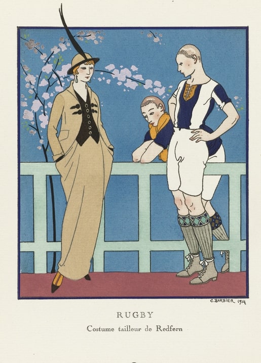Modeplatte 1914 „Rugby“: Dame im Kostüm neben zwei Sportlern am Blütenzaun