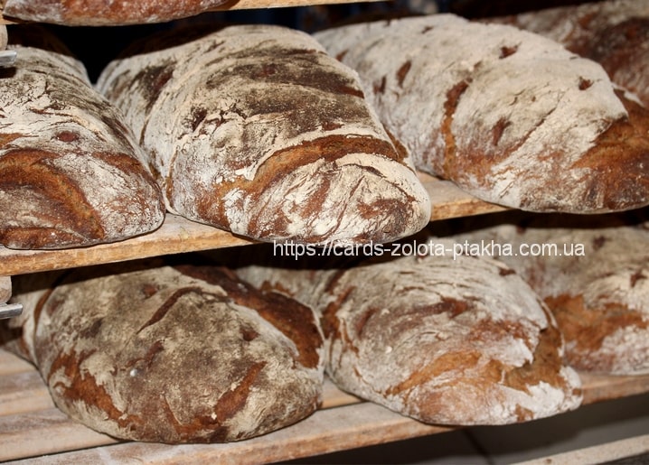 Nahaufnahme knuspriger Brotlaibe mit Mehlstaub auf Holzregalen einer Bäckerei