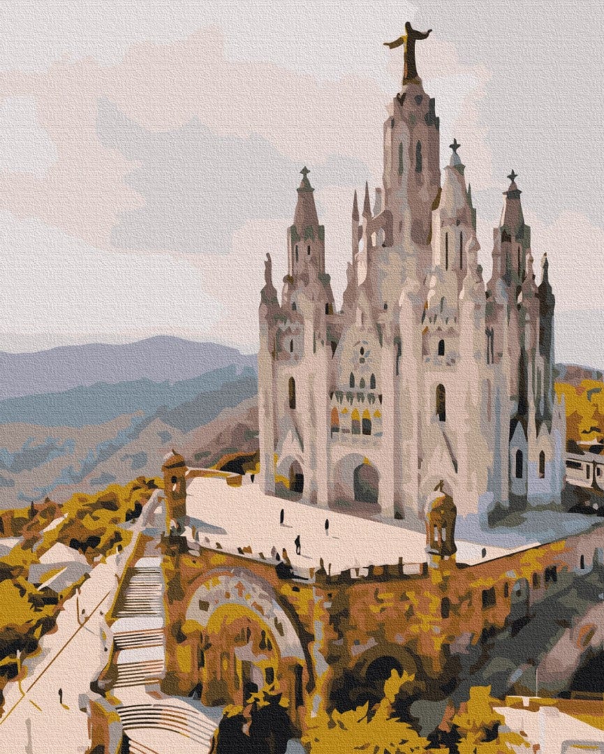 Sacred Heart Church with Christ statue atop Tibidabo hill overlooking Barcelona, paint-by-number design