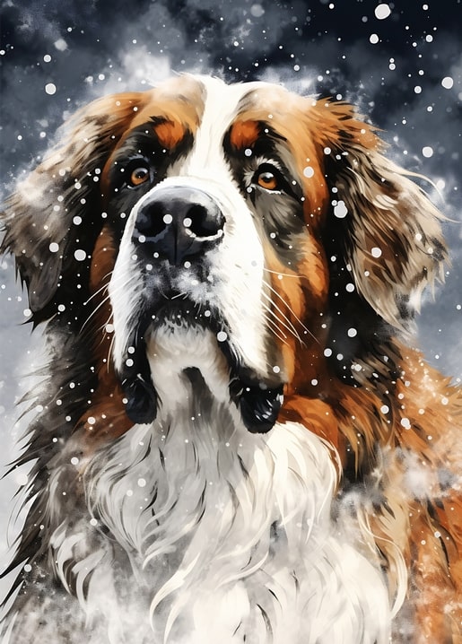 Watercolor close-up portrait of a Saint Bernard dog's face with snowflakes falling
