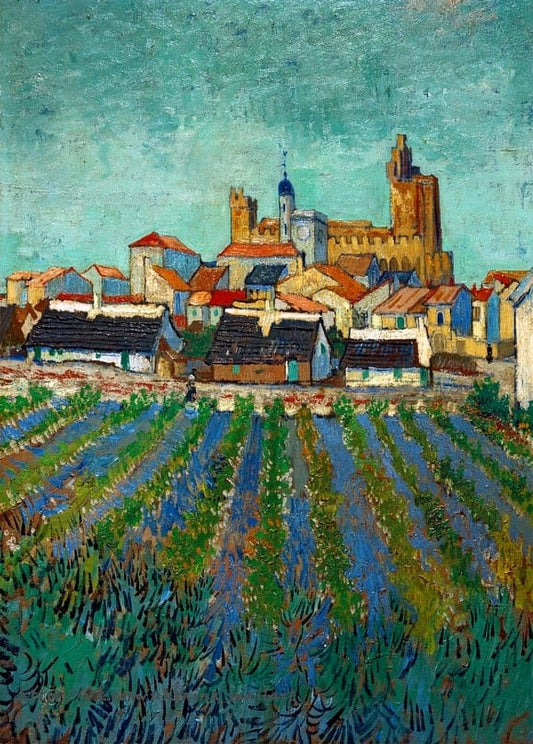 Van Goghs Blick auf Saintes-Maries-de-la-Mer — weiße Häuser und rote Dächer unter türkisfarbenem Himmel