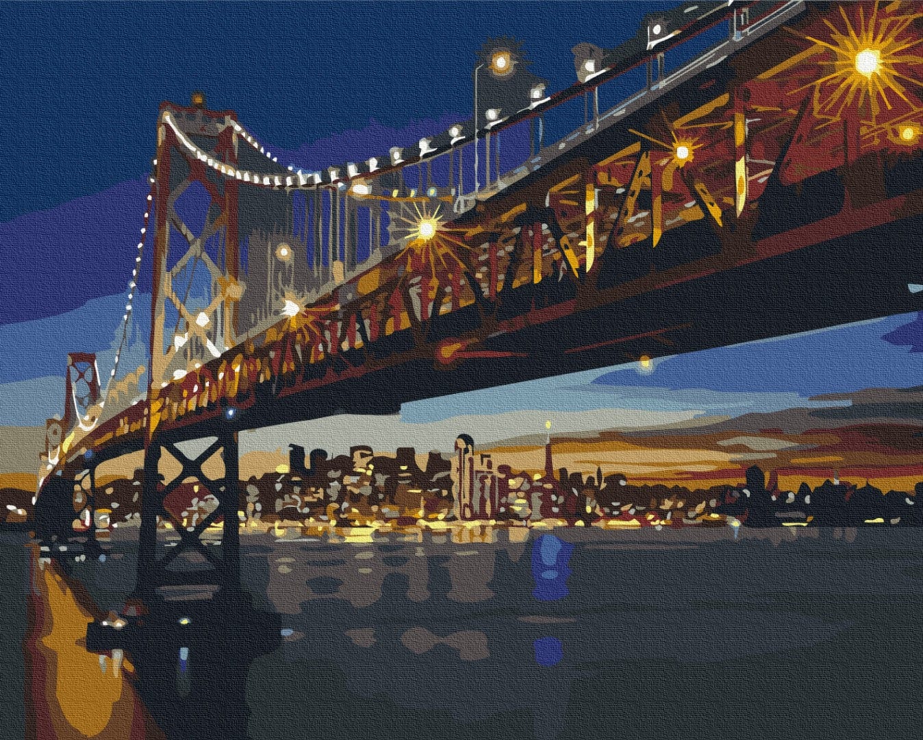 Illustrated paint-by-numbers scene of the Bay Bridge lit up at night over the San Francisco skyline