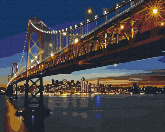 Illustrated paint-by-numbers scene of the Bay Bridge lit up at night over the San Francisco skyline