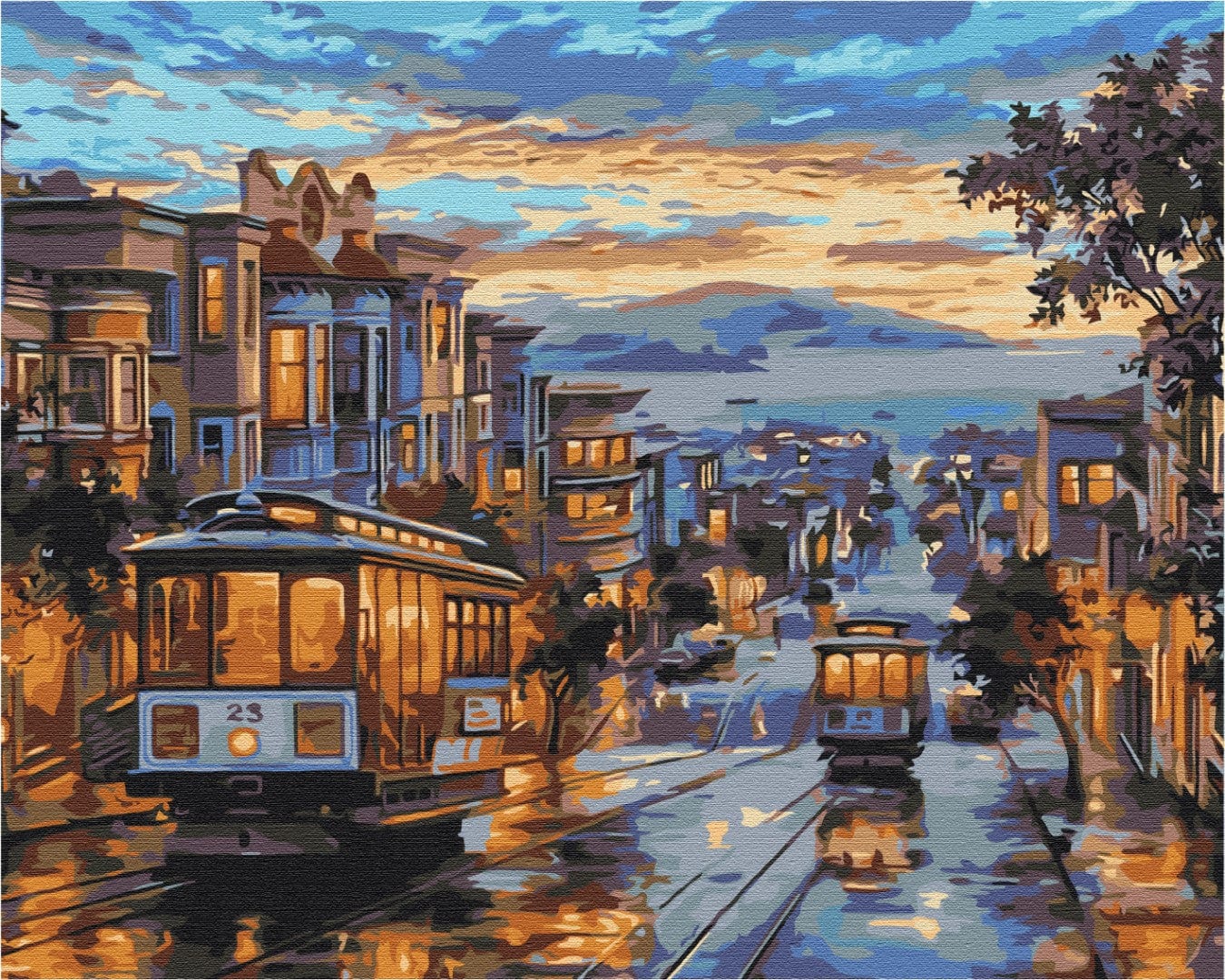 Painting of San Francisco cable cars on a rain-slicked hill street at dusk
