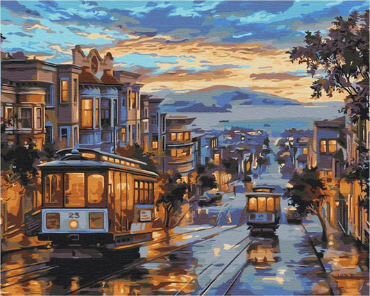 Painting of San Francisco cable cars on a rain-slicked hill street at dusk