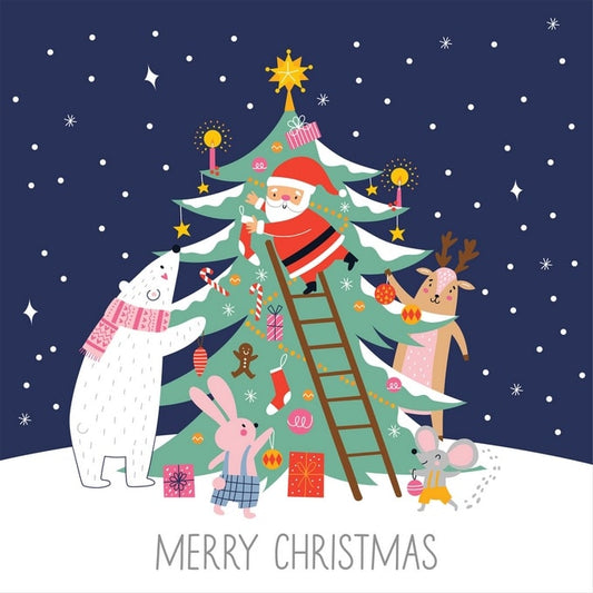 Santa Claus and forest animals decorating a Christmas tree at night