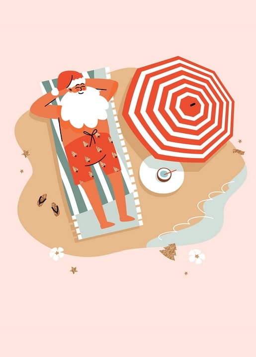 Santa Claus sunbathing on a striped towel at the beach under an orange umbrella