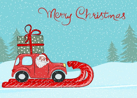 Santa driving a red car on candy-cane sleigh runners with a gift on the roof