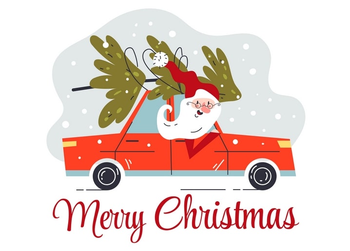 Illustration of Santa driving a red car with a Christmas tree on the roof and falling snow