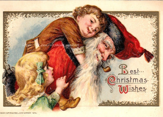 Вінтажна листівка 1914 року із Санта-Клаусом, що несе двох дітей на спині