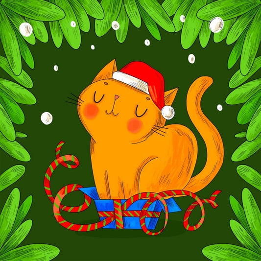 Ginger cat wearing a Santa hat sitting inside a blue gift box with striped ribbon