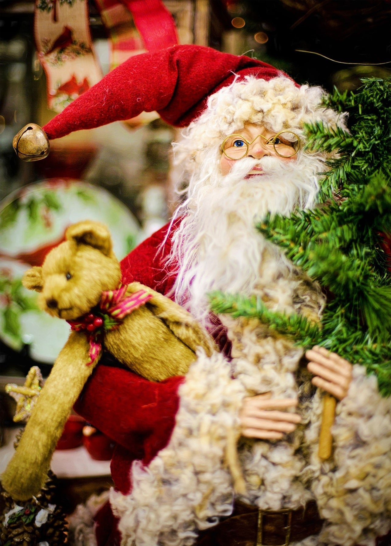 Nahaufnahme einer Weihnachtsmann-Figur mit Wollbart und Teddybär vor Tannenzweigen