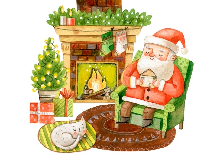 Weihnachtsmann liest einen Brief im Sessel am Kamin, daneben schläft eine Katze