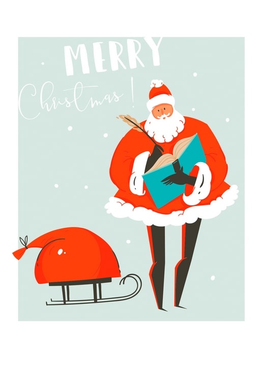 Santa Claus reading from a large book beside his sleigh and a red gift sack in the snow