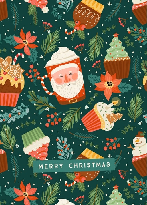 Seamless Christmas pattern with Santa cocoa mug, cupcakes, gingerbread and mittens on dark green