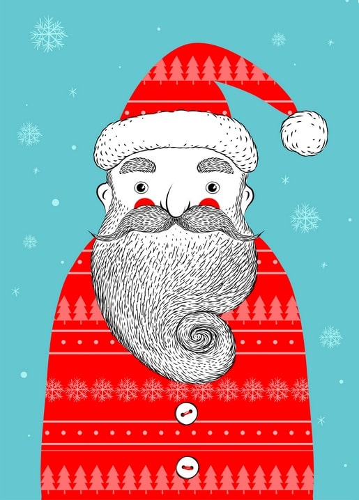 Graphic close-up illustration of Santa Claus with a spiral-curled white beard on a teal background
