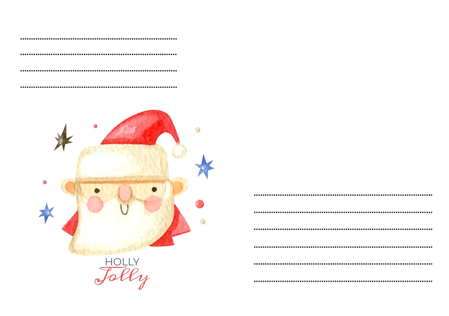 Акварельний Санта Клаус серед золотих і синіх зірок, дизайн конверта «Holly Jolly»
