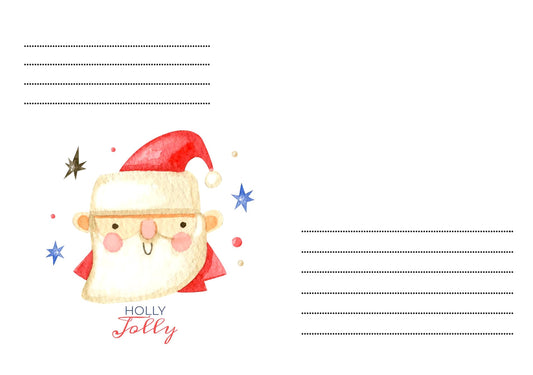 Акварельний Санта Клаус серед золотих і синіх зірок, дизайн конверта «Holly Jolly»