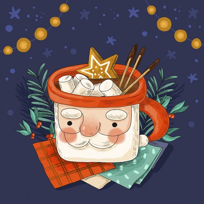 Santa-face mug with marshmallows, star cookie and cinnamon sticks on plaid cloths