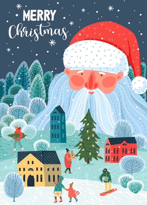 Riesiges Gesicht des Weihnachtsmanns über einem illustrierten verschneiten Dorf mit Kindern und Snowboarder