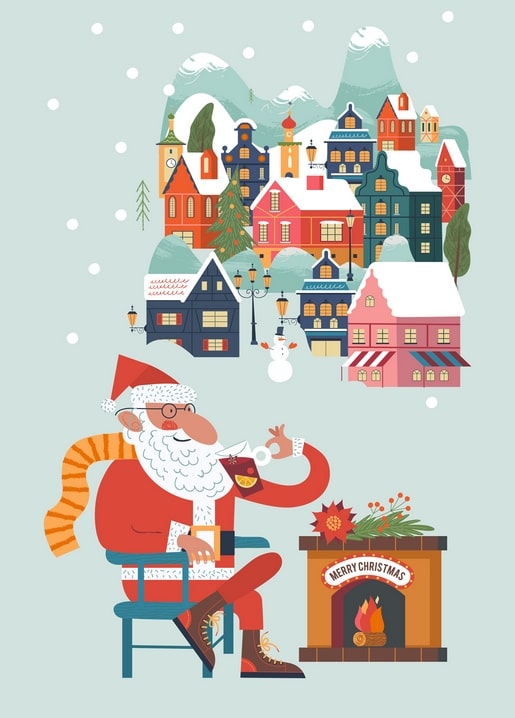 Illustrated Santa by a fireplace dreaming of a snowy village with a snowman and colorful houses