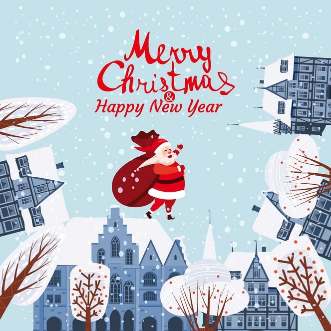 Santa Claus flying with a gift sack over a snowy old town with steep rooftops