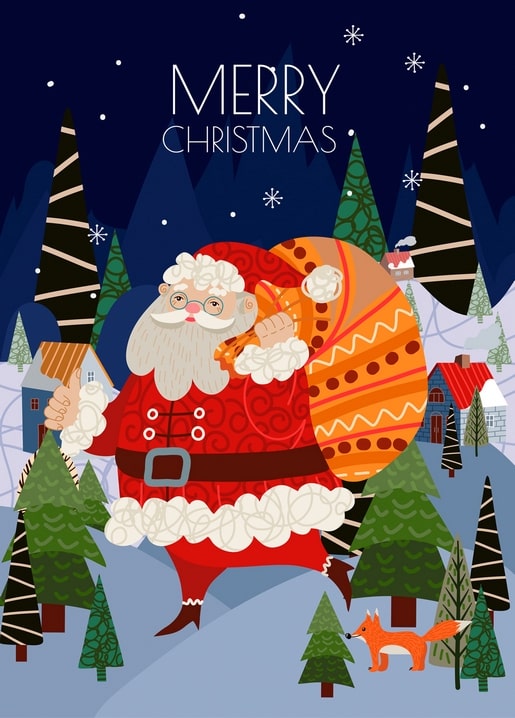Illustrated Santa Claus carrying a gift sack through a snowy pine forest as a fox watches nearby.