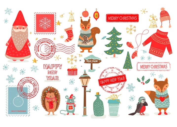 Christmas collage with Santa Claus, a fox, hedgehog, squirrel and postal stamps reading Merry Christmas