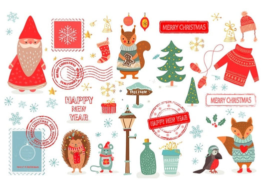 Christmas collage with Santa Claus, a fox, hedgehog, squirrel and postal stamps reading Merry Christmas