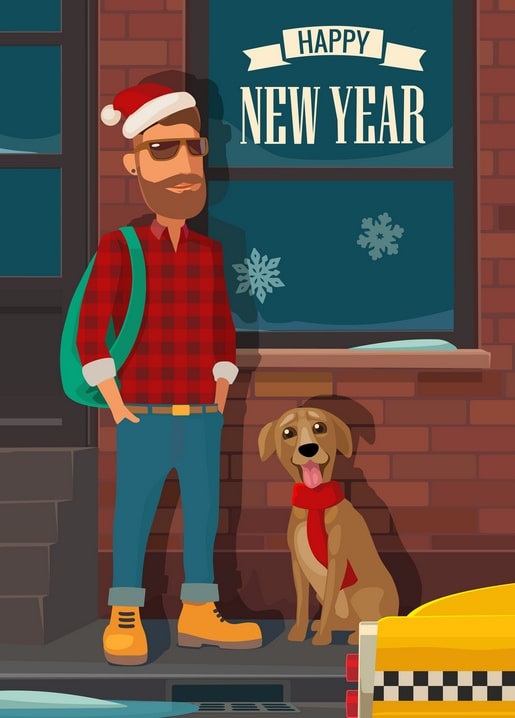 Bärtiger Mann mit Weihnachtsmütze und Hund neben einem gelben Taxi in der Stadt