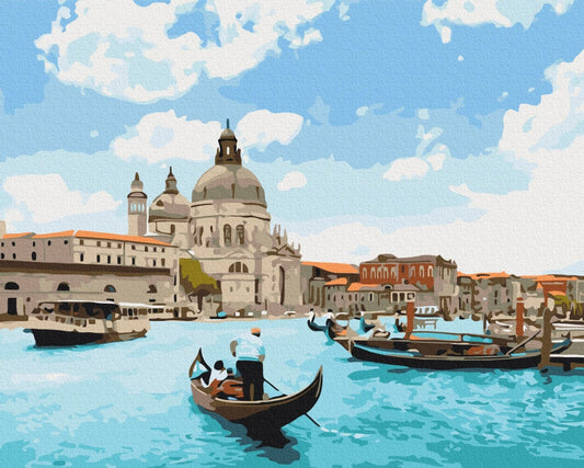 Paint-by-numbers scene of a gondolier rowing past Santa Maria della Salute in Venice on a sunny day