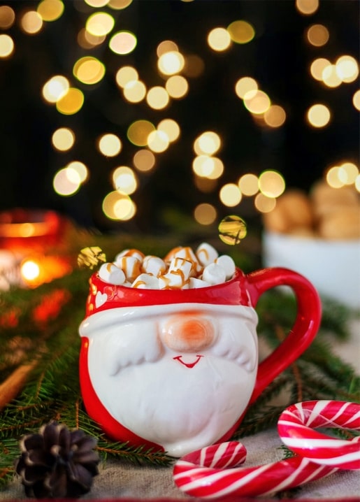 Santa-face mug filled with marshmallows and caramel, candy canes and pine nearby