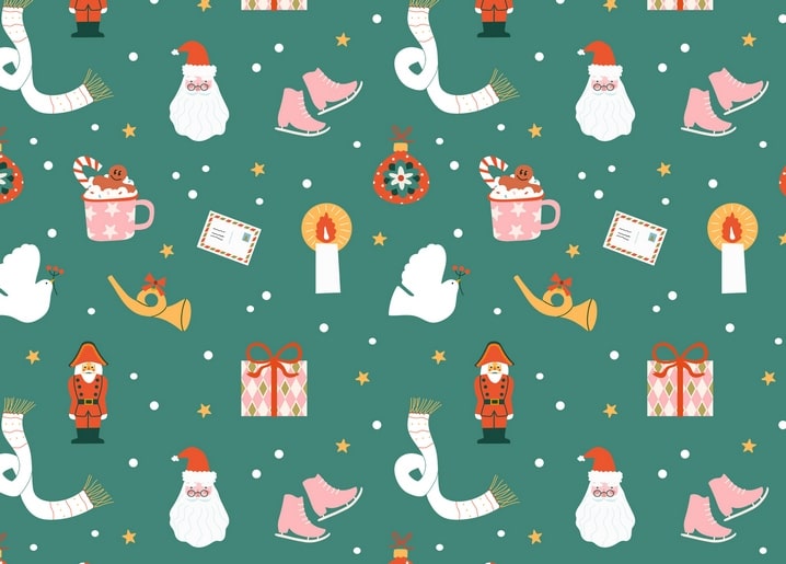 Seamless pattern of Santa faces, nutcracker soldiers, ice skates and cocoa mugs on teal