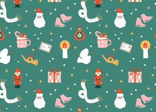 Seamless pattern of Santa faces, nutcracker soldiers, ice skates and cocoa mugs on teal